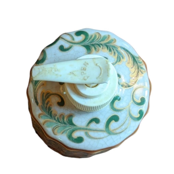 Porcelain China Liquid Soap Dispenser Green Gold Burgundy Palm Trees w/Crack… - Picture 4 of 5